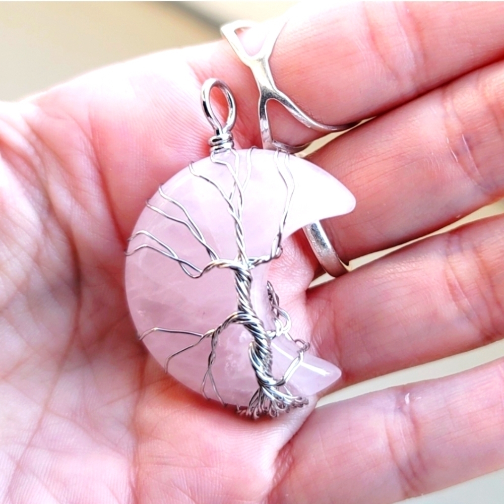 Rose Quartz ✦ Moon Crystal Necklace ✦ Wire‑Wrapped Tree of Life Pendant NWT